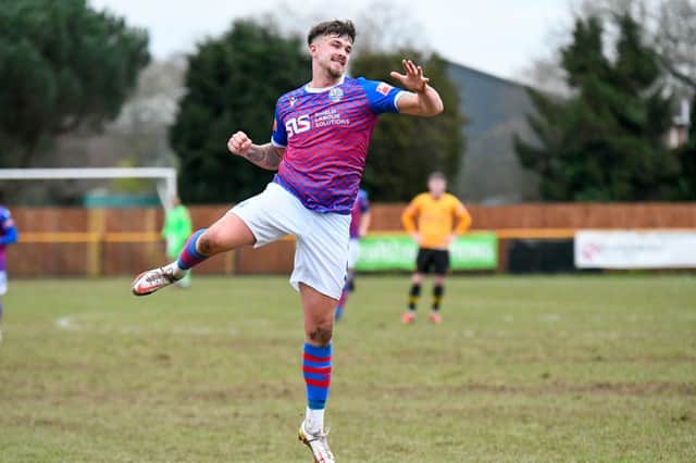 Ty Deacon celebrates after he scored what proved to be the winner in AFC Rushden & Diamonds' crucial 2-1 victory at Alvechurch. Picture courtesy of Hawkins Images