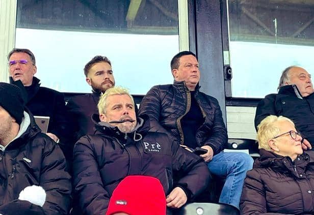Paul Cox watches on at Spennymoor, joined by his Kettering assistant John Ramshaw and coach Ben Marvin, who are expected to follow him to Boston.