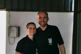 Stacey and Richard Fullicks pictured after they were both assistant-referees for Corby Town's match with Wisbech Town earlier this season. Picture courtesy of Corby Town FC