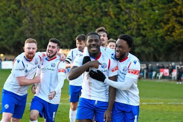 Nathan Tshikuna celebrates his goal during AFC Rushden & Diamonds' 2-0 victory over Stourbridge at Hayden Road. Picture courtesy of Hawkins Images