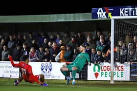 Decarrey Sheriff scores his and Kettering Town's second goal as they beat Southport 2-1 at Latimer Park. Pictures by Peter Short