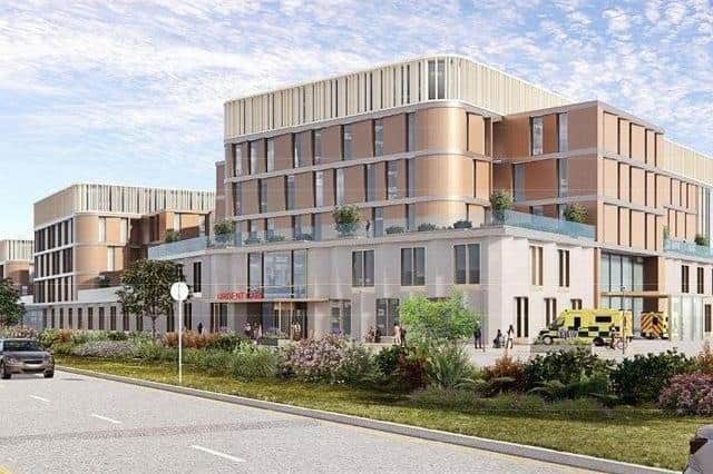 An artist’s impression of what the Urgent Care Hub could look like, replacing A&E and short stay urgent care wards, with extra inpatients beds on the higher floors. This would be completed in the first phase of the development.