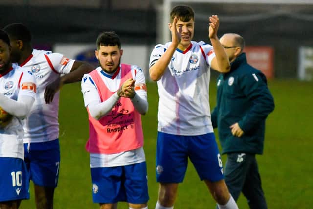 The AFC Rushden & Diamonds players applaud the fans following last weekend's win over Stourbridge. Picture courtesy of Hawkins Images