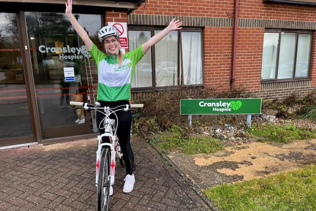 Rebecca Cave, Cransley Hospice Trust Digital Marketing Executive, sporting the new Cransley Hospice Trust Cycle Jersey.