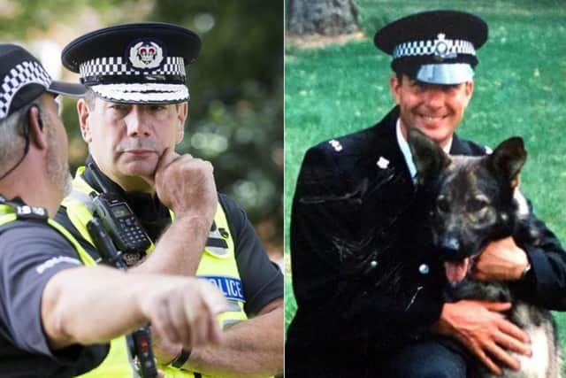 Police chief Nick Adderley (left) and retired officer Ian Churms with PD Bryn, who was fatally shot in 1998 (right).