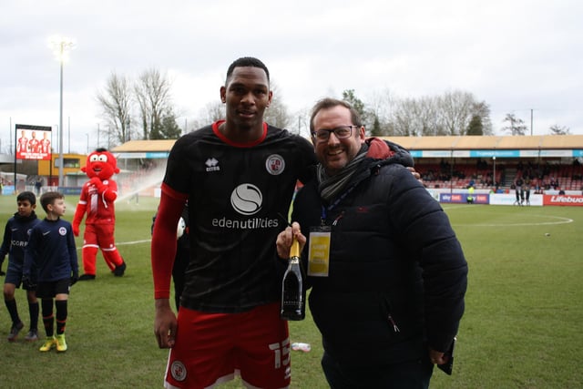Crawley Observer editor Mark Dunford presenting December Player of the Month award to Ludwig Francillette