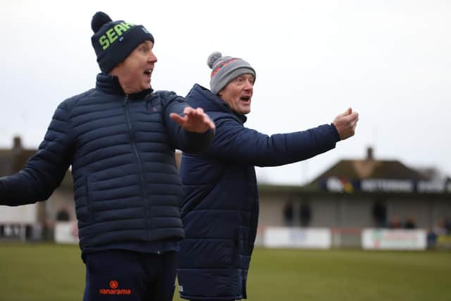 Boss Ian Culverhouse and assistant-manager Paul Bastock give out instructions during Kettering Town's 1-1 draw with Leamington on Saturday. Pictures by Peter Short