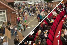 Left, protests in Kettering, and right, councillors voting at a meeting in Corby
