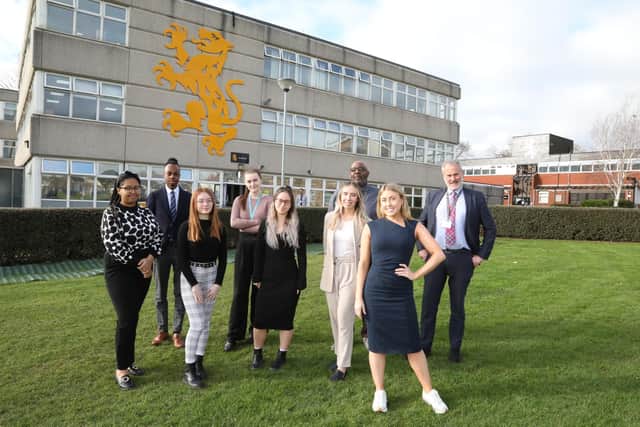 Francesca Kennedy Wallbank with Sixth Form students from Weavers Academy and Danny Alexis (pastoral manager Year 10) and Magnus Wallace (vice principal)