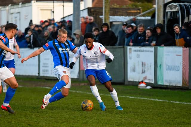 AJ George scored his first goal for AFC Rushden & Diamonds as they beat Bugbrooke to book a place in the final of the NFA Hillier Senior Cup. Picture courtesy of Hawkins Images