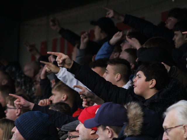Reds fans. Crawley Town v Hartlepool United. Picture by Cory Pickford SUS-221202-205744004