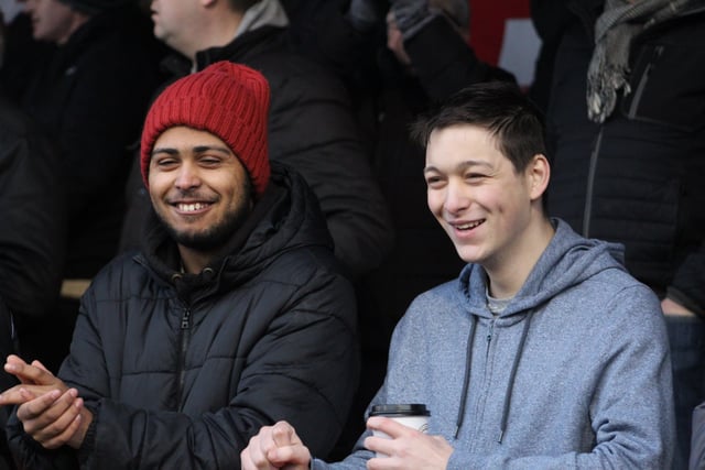 Smiling Reds fans. Crawley Town v Hartlepool United. Picture by Cory Pickford SUS-221202-205728004