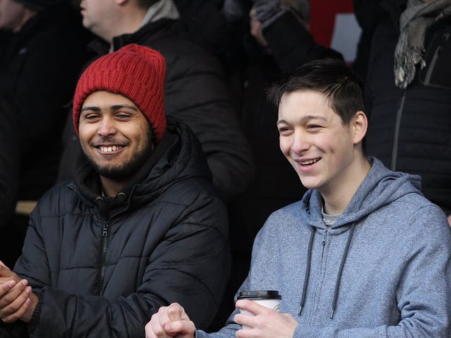 Smiling Reds fans. Crawley Town v Hartlepool United. Picture by Cory Pickford SUS-221202-205728004