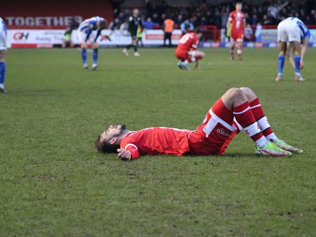 Jack Powell on the final whistle. Crawley Town v Hartlepool United. Picture by Cory Pickford SUS-221202-205919004