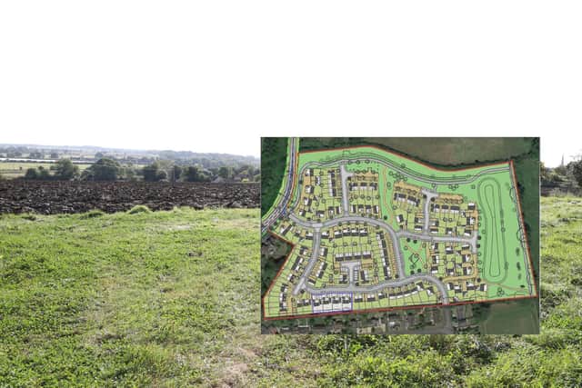 The arable land on which the houses would be built - inset the plan of the development