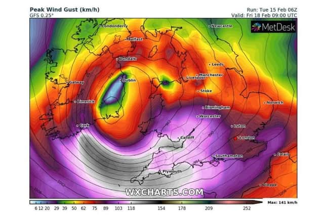 Friday's weather charts show Storm Euince battering the midlands with 70mph-plus gusts