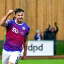 Ty Deacon, pictured celebrating one of his two goals in the 2-1 win at Barwell last weekend, has left AFC Rushden & Diamonds to sign for Kettering Town. Picture courtesy of Hawkins Images