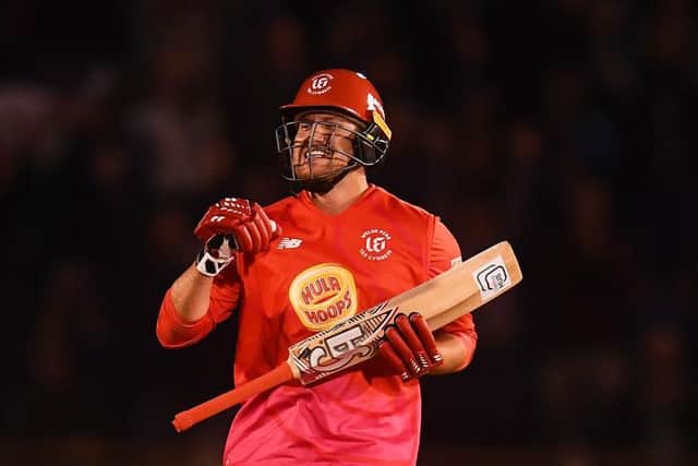 Josh Cobb celebrates after helping Welsh Fire to a win over London Spirit last summer