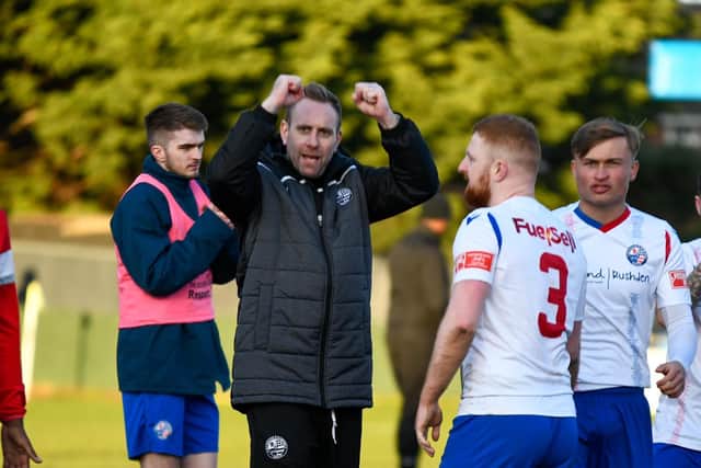 Andy Burgess shows his delight after AFC Rushden & Diamonds beat Hednesford Town 1-0 in his first game as interim manager. Picture courtesy of Hawkins Images