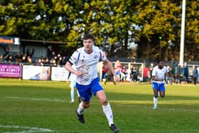 Alex Collard wheels away to celebrate after he headed home AFC Rushden & Diamonds' winner against Hednesford Town at the weekend. Picture courtesy of Hawkins Images