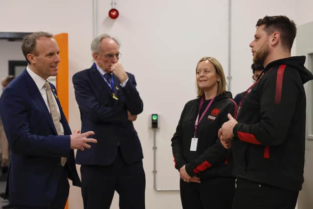 l-r Deputy Prime Minister Dominic Raab with Peter Bone MP for Wellingborough, Catherine Deans and Jordan Letts from Northampton Saints Foundation
Photo: Tim Hammond/No10 Downing Street