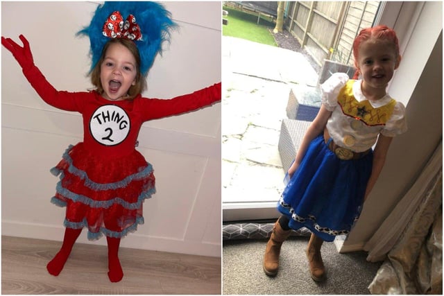 Paige Stephanie White and Chelsea Lauren Walsh shared these photos of Annalise as Thing 2 from The Cat in the Hat and Macey as Jessie from Toy Story