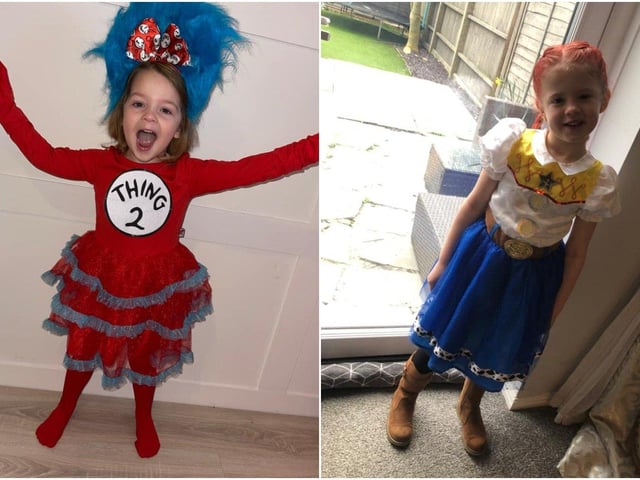 Paige Stephanie White and Chelsea Lauren Walsh shared these photos of Annalise as Thing 2 from The Cat in the Hat and Macey as Jessie from Toy Story