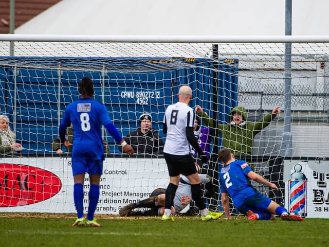 James Clifton scored Corby Town's fifth goal just before half-time in their 6-1 thrashing of Histon at Steel Park. Pictures by Jim Darrah