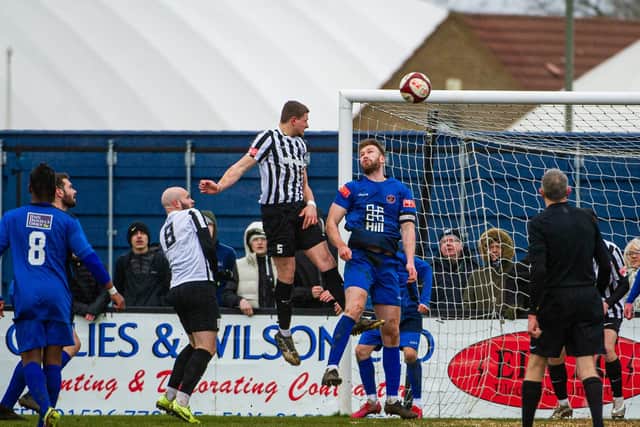 Lewis White heads home the Steelmen's second goal