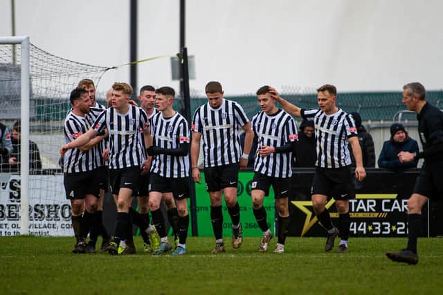 The Corby Town players celebrate one of their goals during the 6-1 win over Histon at Steel Park. Pictures by Jim Darrah