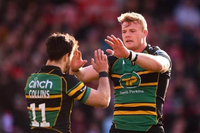Tom Collins and David Ribbans celebrated a stunning Saints try, but it wasn't enough to earn the win at Kingsholm on Saturday