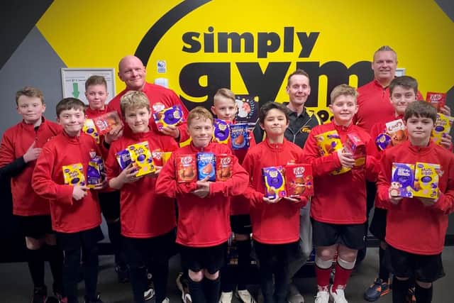 Kettering Town Football Club Community Trust’s Under 12 players donate Easter eggs to Jeanette Walsh's appeal