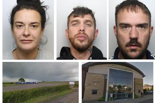 Dawkes, Merkitt and Bluck who stayed at the Campanile hotel in Northampton and drove one of their victims to Higham Ferrers Football Club (bottom left)