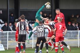 Liam Daly marked his Kettering Town debut by heading them into the lead at Spennymoor Town but the day ended in a disappointing 2-1 defeat. Picture by Peter Short