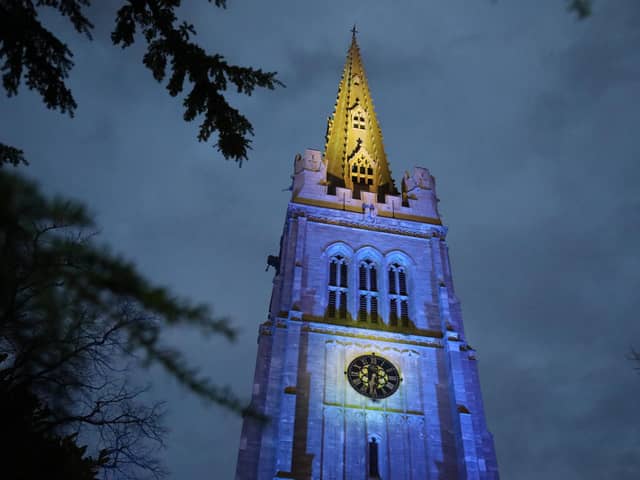 Four floodlights were used to light the spire producing different effects