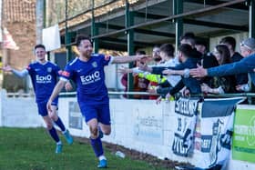 Joe Curtis celebrates after scoring Corby Town's second goal in the 3-1 win at Soham Town Rangers. Pictures by Jim Darrah