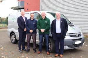 Pictured outside Carter Thermal Industries HQ are (left to right): Mark Merrick & Mark Stevens – Zenith – Intelligent Vehicle Solutions, Martin Langford – Corby Foodbank and Rab Garriock – Carter Thermal Industries.