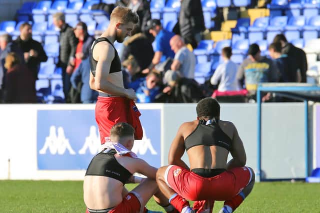 The Kettering Town players were left with that sinking feeling after a 4-0 defeat at Chester on Saturday. Pictures by Peter Short