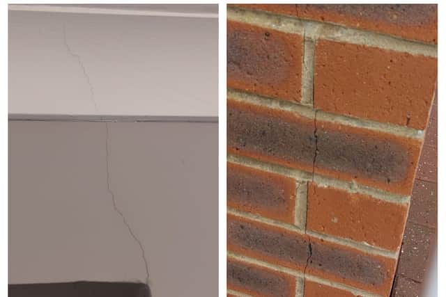 Left, a crack in Mr McCreary's house, and right, a crack in Mr Browne's wall.
