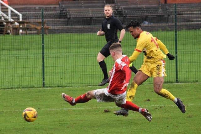 Lewis Johnson, pictured scoring one of the three goals he scored during his loan spell at Banbury United earlier this season, has joined AFC Rushden & Diamonds on loan for the rest of the season from Milton Keynes Dons. Picture by Julie Hawkins