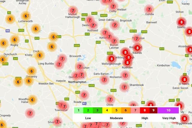 Defra's map shows higher levels of air pollution the further east you go in Northamptonshire on Friday