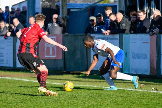 Nathan Tshikuna in action for AFC Rushden & Diamonds during their 2-2 draw with Tamworth last weekend. Picture courtesy of Hawkins Images