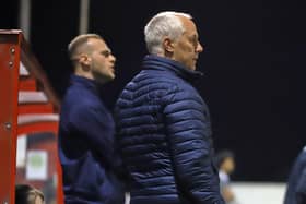 Manager Ian Culverhouse and coach Joe Simpson (in the background) will urge Kettering Town to 'attack' all of their remaining matches. Picture by Peter Short