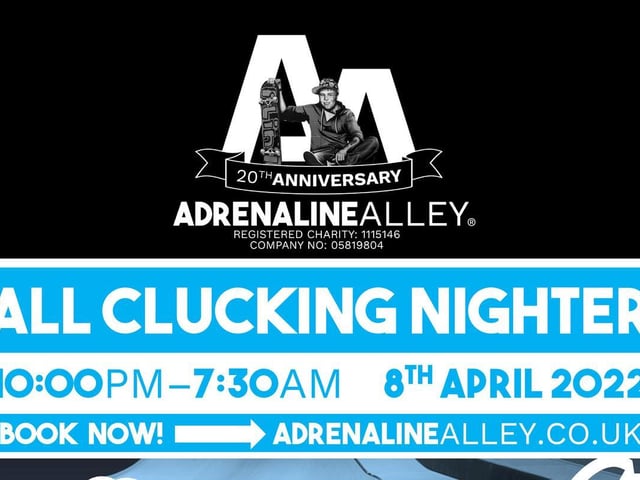 Ride/skate through the night at Adrenaline Alley’s Easter special all clucking nighter. Win prizes for doing tricks in the Official Eggs Games (scoot, BMX, skateboard, and inline/quad). It's going to be a cracking night, advance booking recommended. It costs £22 for gold members,  £27 for standard members and
£5 for spectators (pay on the door).