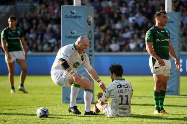 Conor Carey congratulated Tom Collins after the Saints wing scored a stunning solo try against London Irish