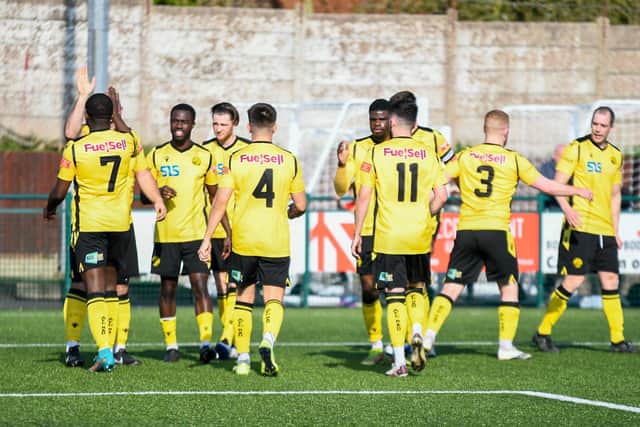 The AFC Rushden & Diamonds players celebrate one of their goals during the 3-1 victory at Redditch United at the weekend. Picture courtesy of Hawkins Images