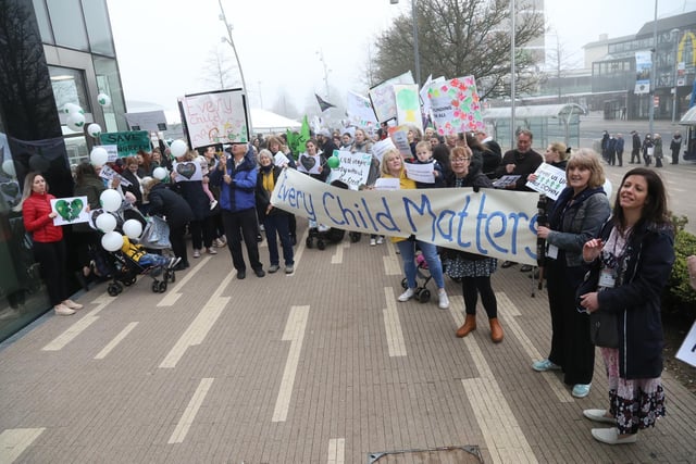 Staff and supporter of Highfield and Croyland Nursery in Wellingborough and Ronald Tree in Kettering joined those from Pen Green Nursery in Corby outside the Corby Cube