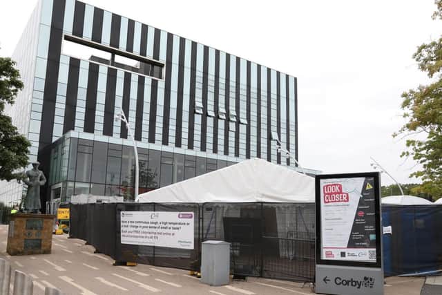 Corby Covid test centre in James Ashworth VC Square
