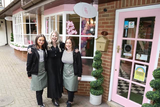 l-r Niamh Hyldon, 20, Lucie Pittam, and Chantal Franceschi, 20