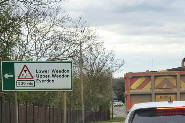 The A5 south of Weedon Bec has been partially blocked following a collision with a school bus.